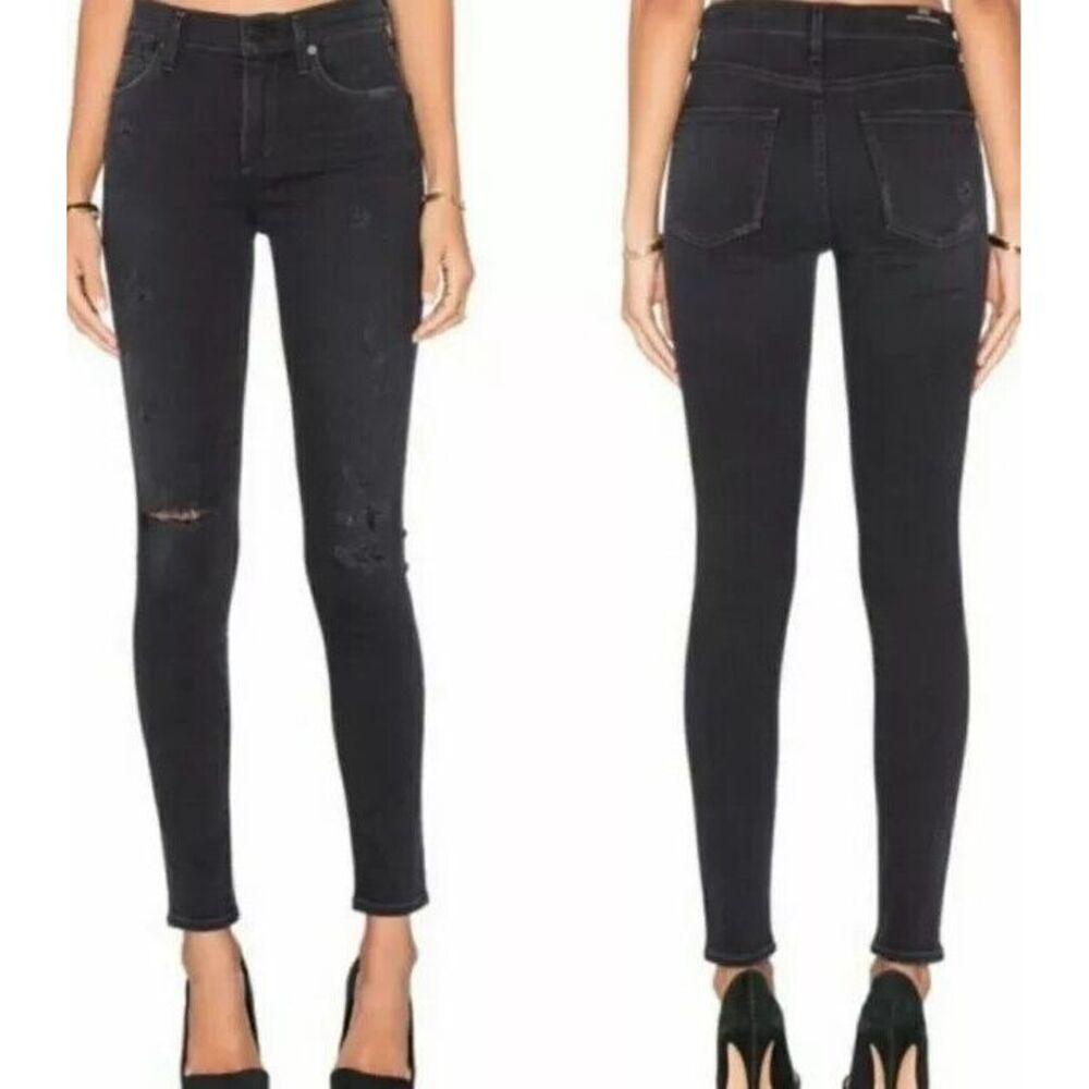 Rocket High Rise Skinny Jeans Distressed Ripped Thrashed Dark Wash Black Size 26